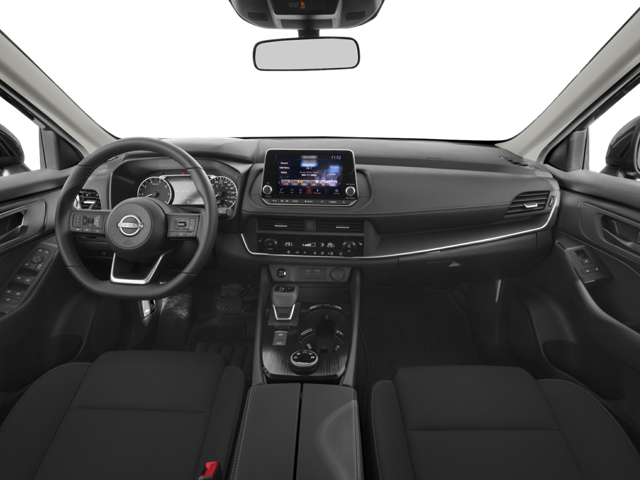 Car interior featuring dashboard, steering wheel, and touchscreen display with navigation map.