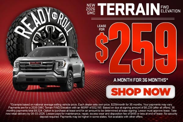 2026 GMC Terrain FWD Elevation	LEASE FOR $259 a month for 36